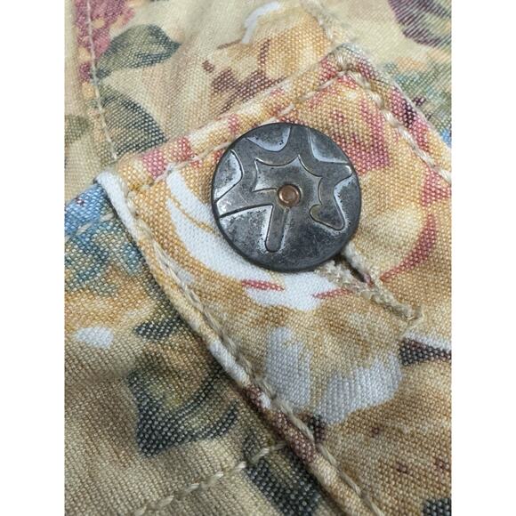 MUDD Woman's 7 Low Rise Tan Multicolor Victorian Floral AOP Tapered Pants Y2K - Picture 3 of 5